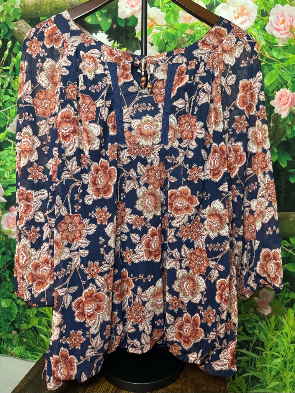 Westport Navy Floral Peasant Blouse with Tie Neck